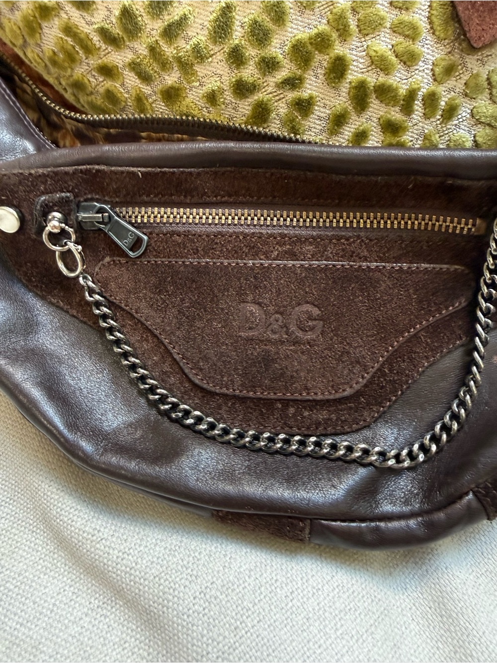 D&G Dark Brown Leather Shoulder Bag with Chain Trim